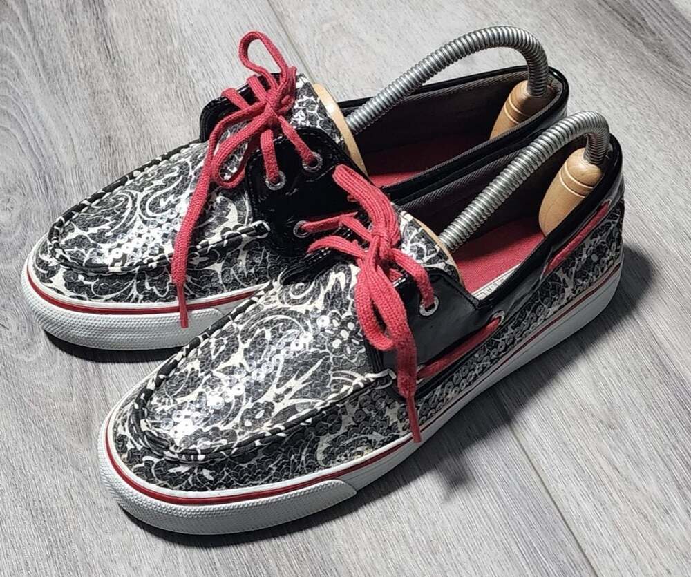 Sperry Top-Sider Bahama Women's Black and White Floral Sequin Boat Shoes
